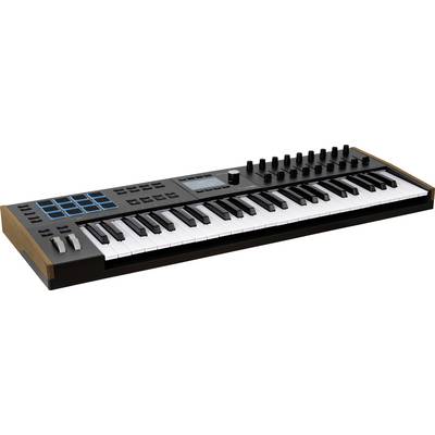 A MIDI keyboard with 49 keys, pads and rotary controls for music production, featuring a combination of wooden side panels and black housing.