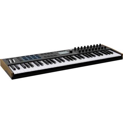 A MIDI keyboard with 49 keys, rotary controls and pads, suitable for music production and live performance.