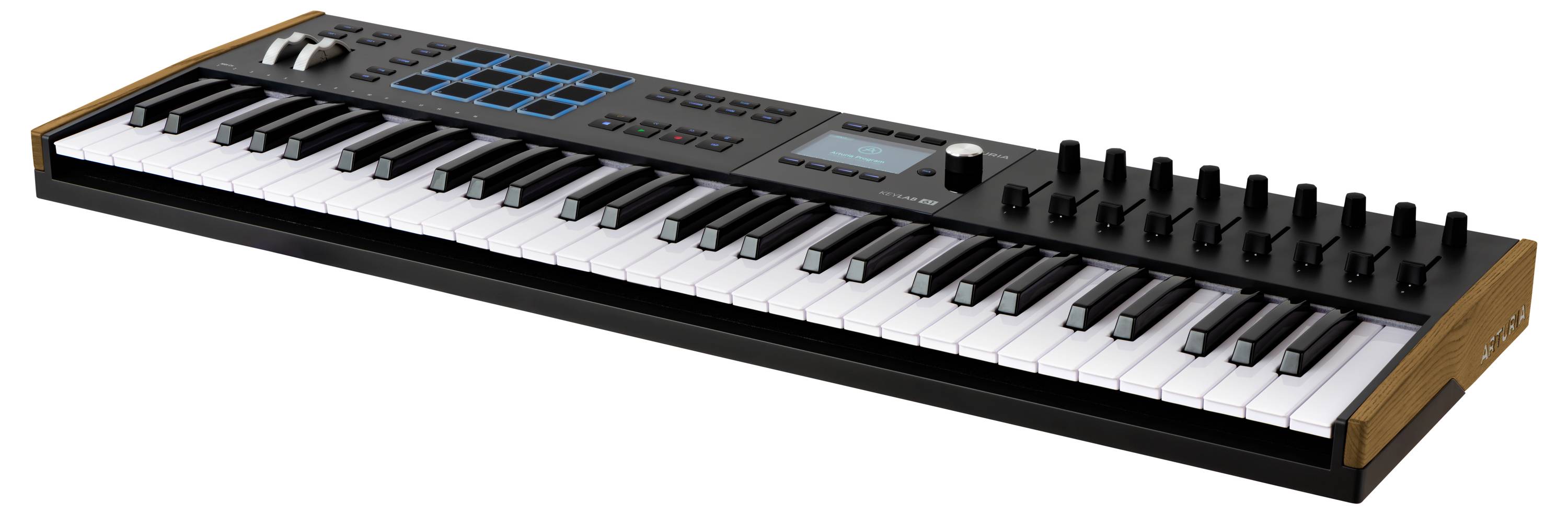 A black MIDI keyboard with 61 keys, blue pads and rotary controls, suitable for music production.