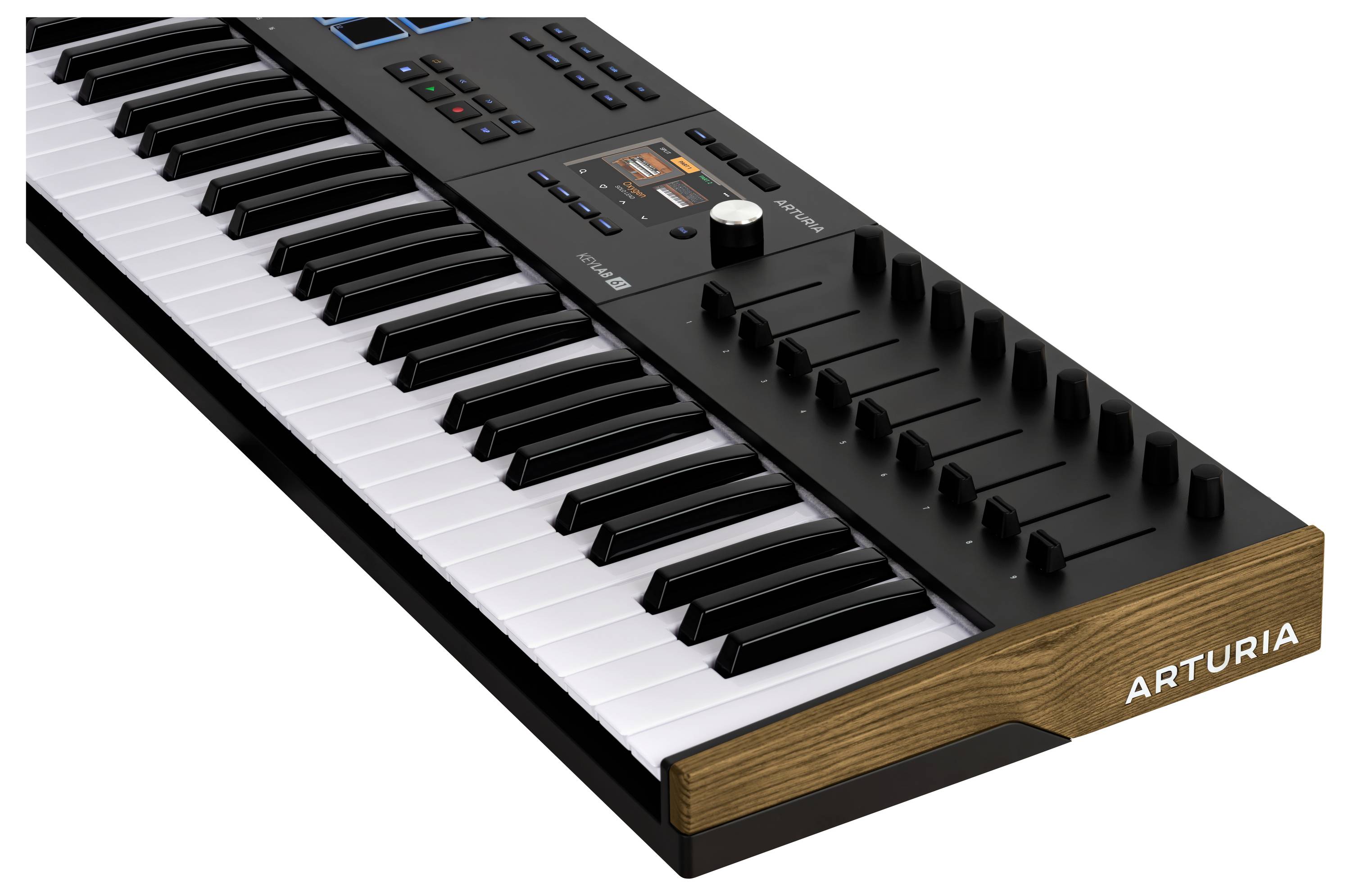 A MIDI keyboard with black and white keys, rotary controls and wooden side panel.