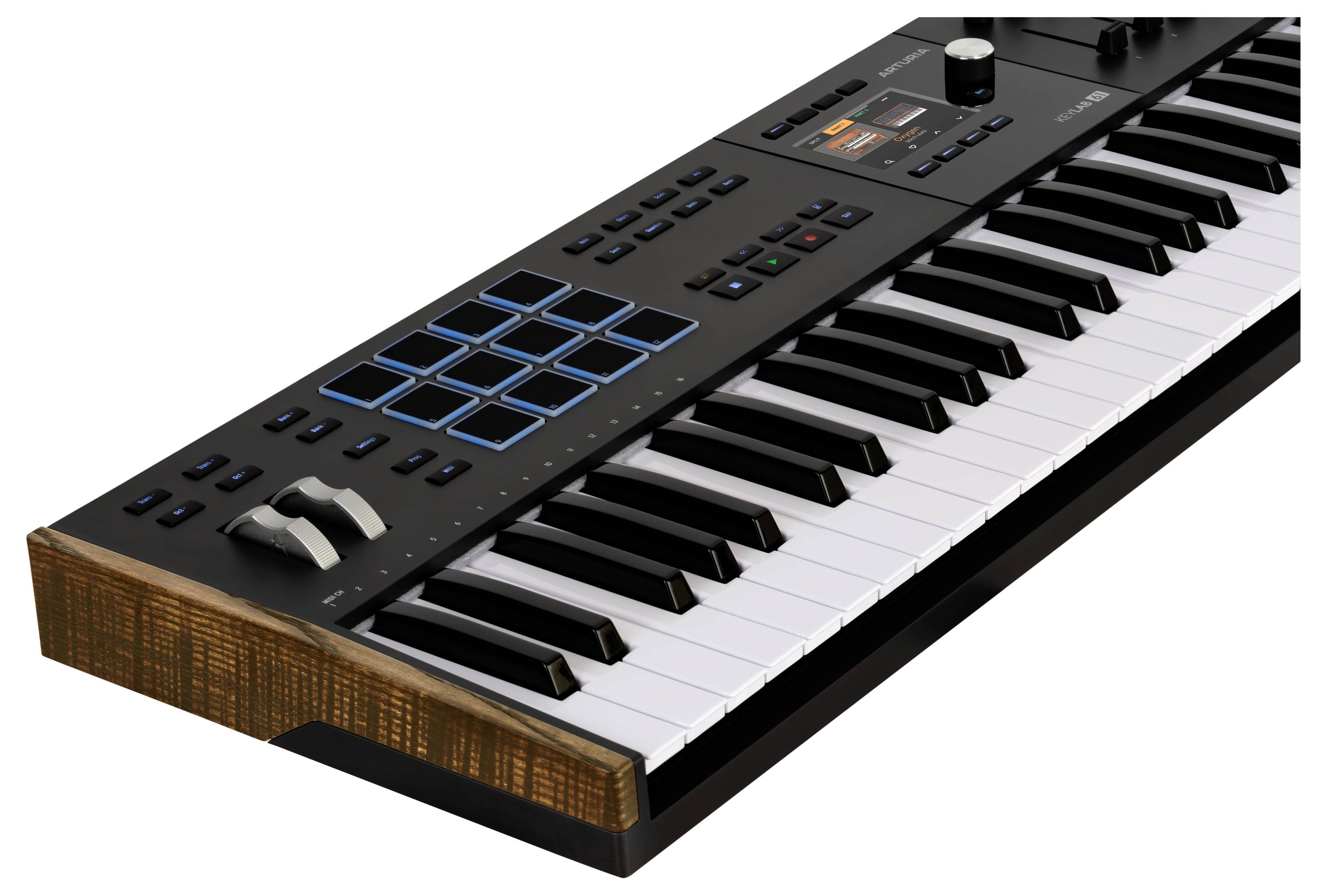 A black MIDI keyboard with 49 keys, blue pads, rotary knobs, and wooden sides. Suitable for music production and live performance.