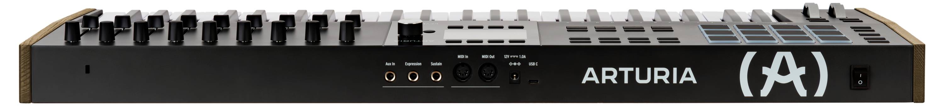A MIDI controller with multiple rotary knobs, keys and connections on the back. Manufacturer logo 'Arturia' visible.