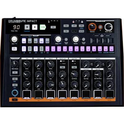 Electronic drum machine with multiple buttons, controls and LED displays for various percussion sounds and effects.