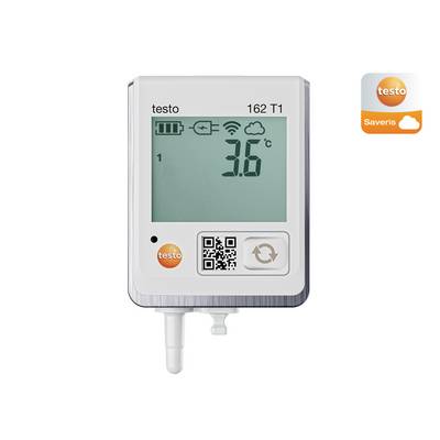 A temperature measuring device displays '3.6°C'. At the top are symbols for battery, signal and WLAN. In the top right is the logo 'testo Saveris'.