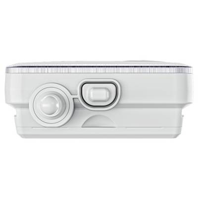 A white motion detector with a sensor and a rectangular button on the front, suitable for indoor use.