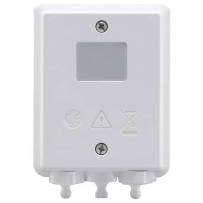 A white housing with two screws on top, symbols below: CE marking, warning notice, crossed-out trash bin, showing safety and disposal instructions.