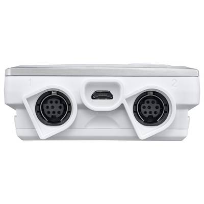 A white device with two round sockets, labeled with the numbers 1 and 2, and a micro-USB port in the center.