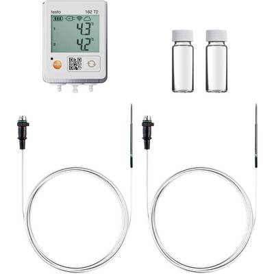 Digital thermometer displaying '43°C' and '42°C', two empty small glasses and two temperature sensors with cable connections.