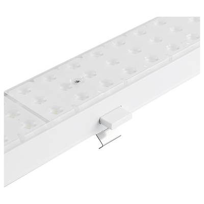 LED light strip with multiple round lights in white housing, a metal bracket extends from the side.