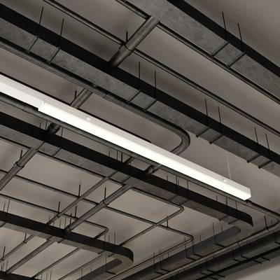 Industrial building ceiling with exposed pipes and a long, rectangular ceiling light. Minimalist and modern design.