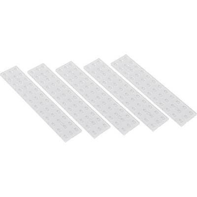 Five white, rectangular, perforated plates in a row.