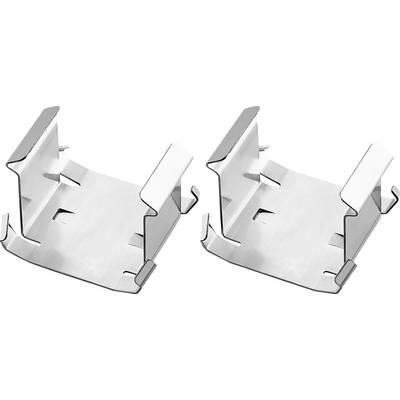 Two silver metal hooks side by side. They are the same size, appear sturdy and have a square shape with side brackets.