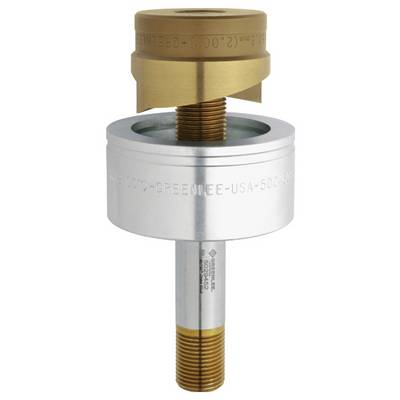 A metal knockout punch tool with a threaded bolt, silver and gold in color, used for creating holes in electrical and construction work.