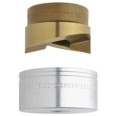 A brown industrial drill bit and a silver circular metal component with embossed text, used in manufacturing or construction tools.