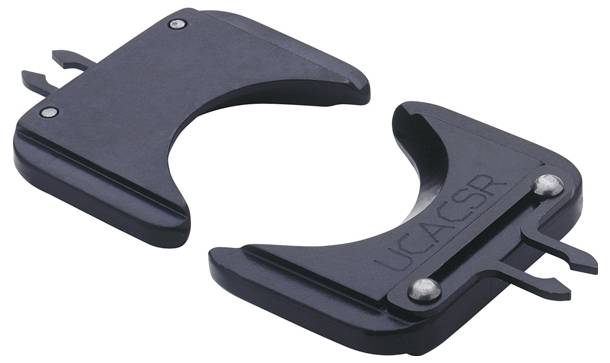 Two black plastic parts designed to interlock, resembling clamp jaws. Each piece has a hook and a slot for attachment.