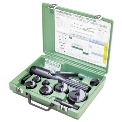 Green case containing a hydraulic punch driver kit with various tool components. The inner lid displays usage instructions and diagrams.