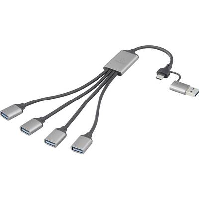 A USB hub with one USB-C input and four USB 3.0 outputs, allowing multiple devices to connect to a single port for expanded connectivity.