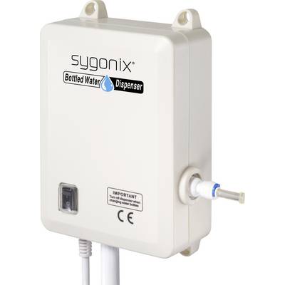 A beige sygonix bottled water dispenser, featuring an on/off switch and water output connector. Important usage instructions labeled below.