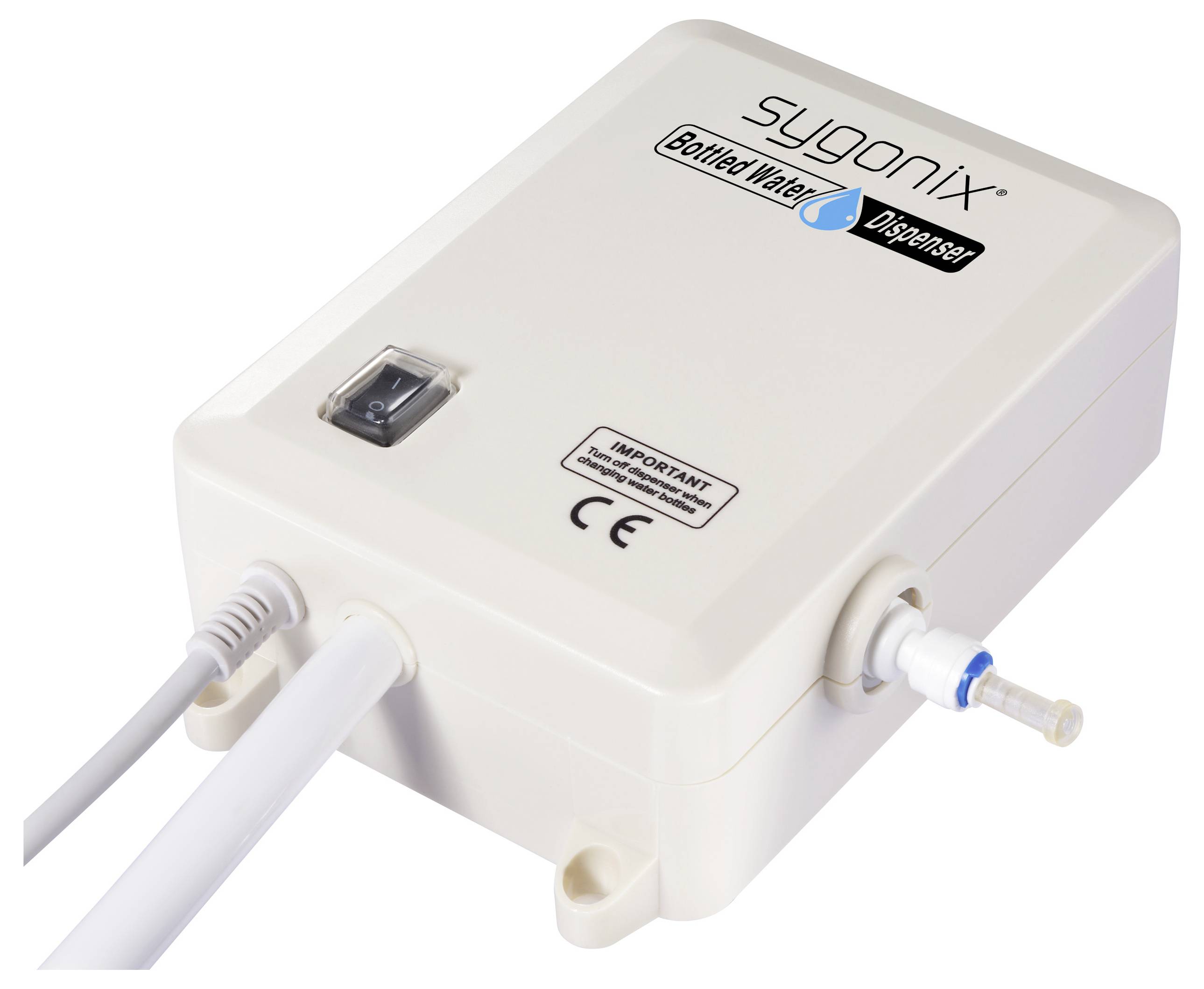 Rectangular water dispenser device labeled 'sygonix Bottled Water Dispenser' with a power switch, connected hoses, and CE marking.