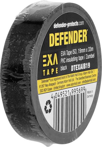 'DEFENDER' PVC insulating tape, black, 19mm x 33m. Product details, EXA Tape, EAN and manufacturer information visible on label.