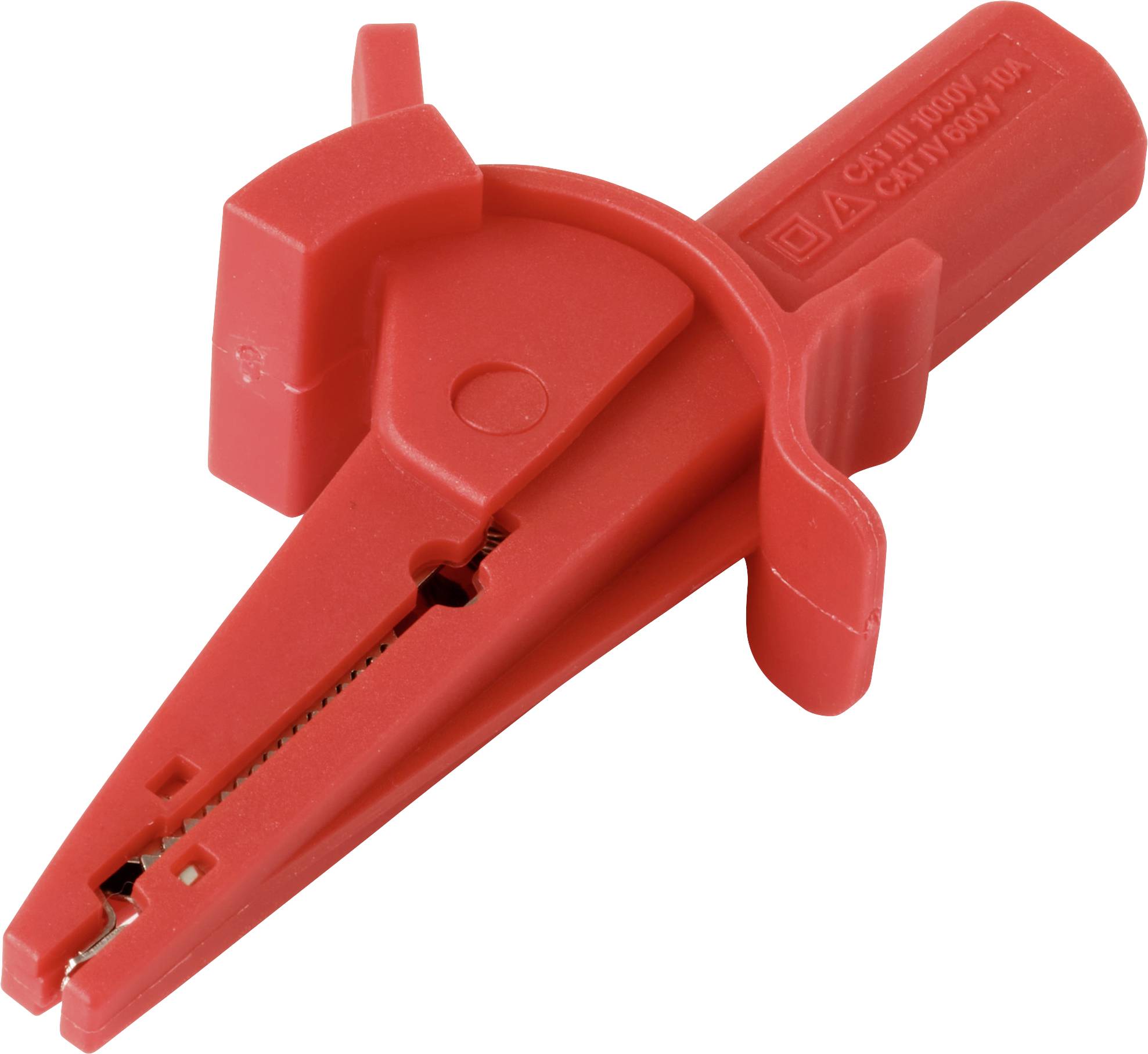 A red alligator clip with a plastic cover, used for electrical testing, featuring ridged jaws and a protective insulated grip.