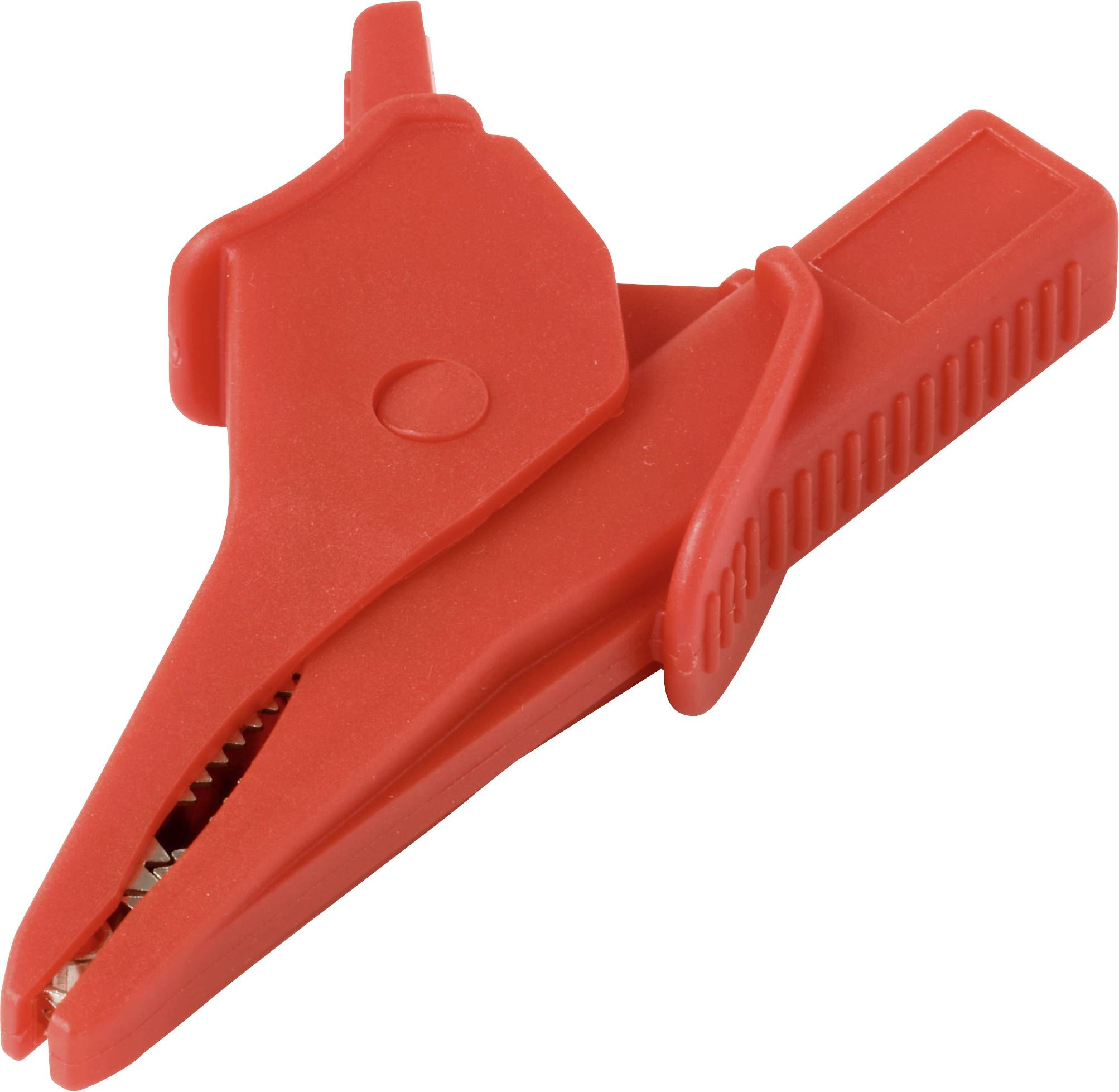 A red alligator clip with a textured grip and serrated jaws, often used for electrical connections and testing tasks.