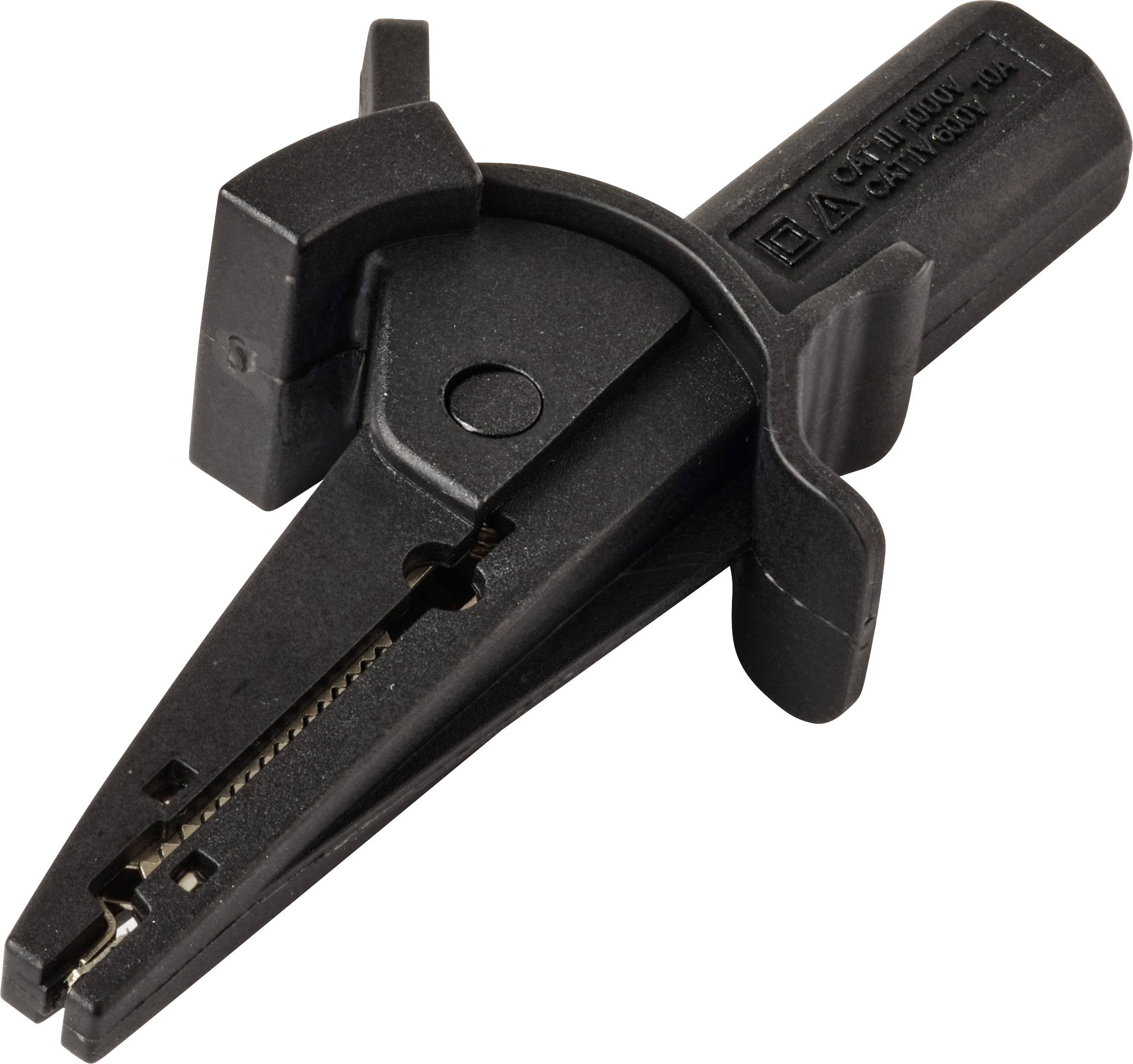 A black plastic clamp with toothed jaws and textured handle, used for holding or tightening objects securely.