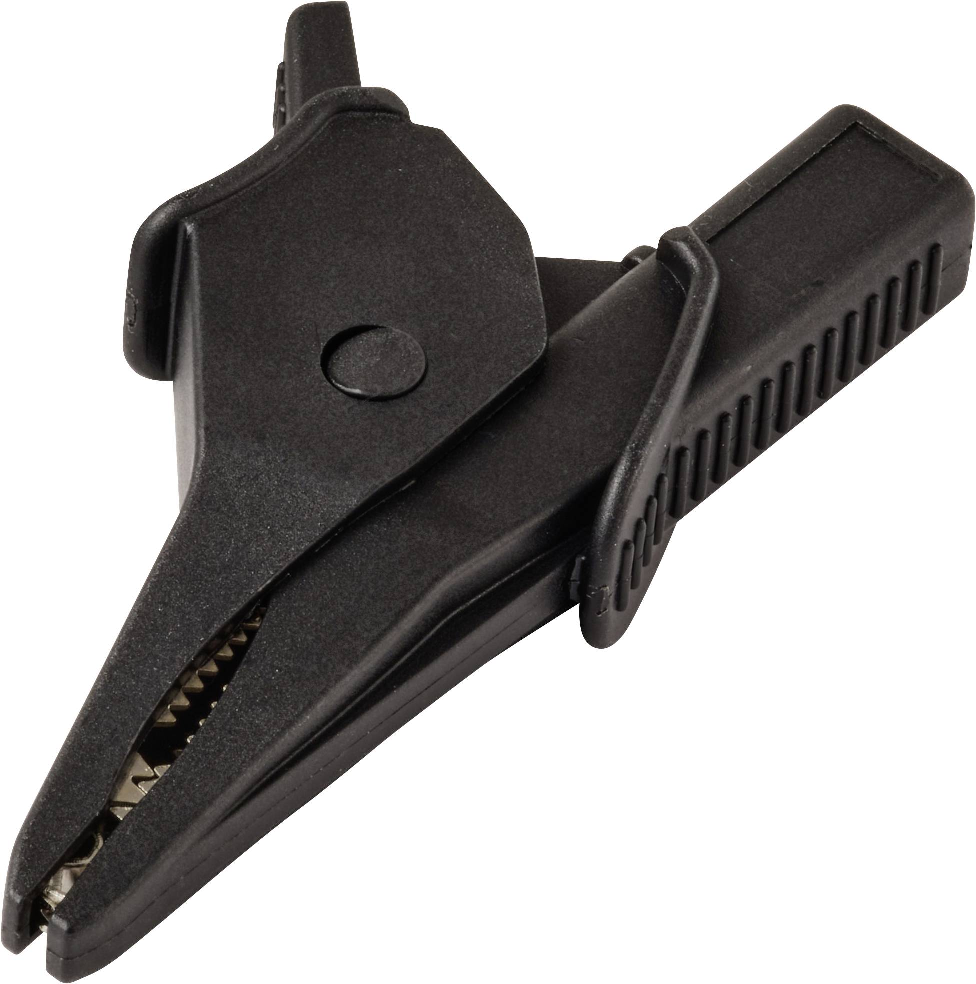 A close-up of a black plastic clamp with serrated jaws and side grips, used for securing objects in place.