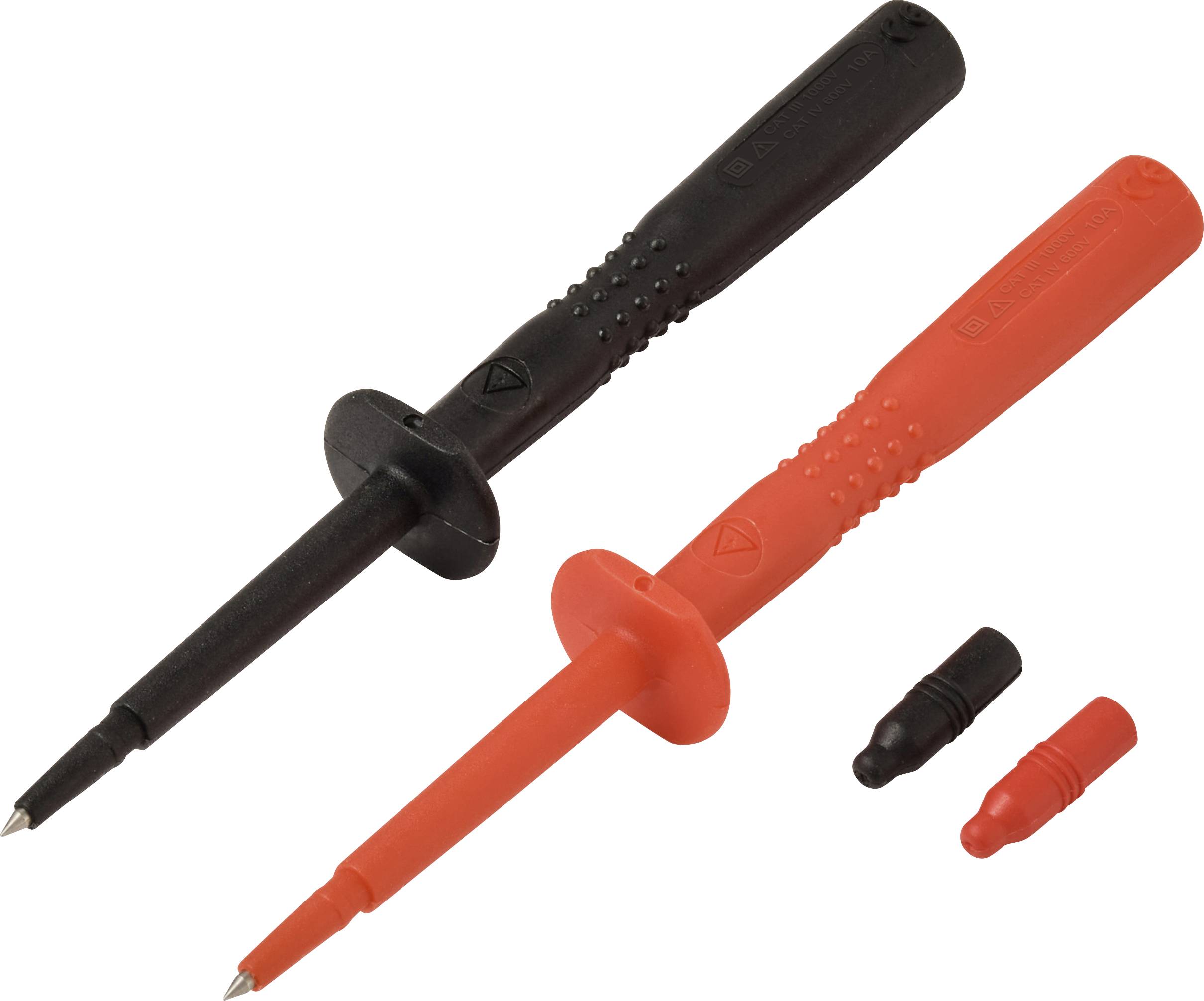 Two multimeter probes, one black and one red, with insulated grips and pointed metal tips for testing electrical currents.