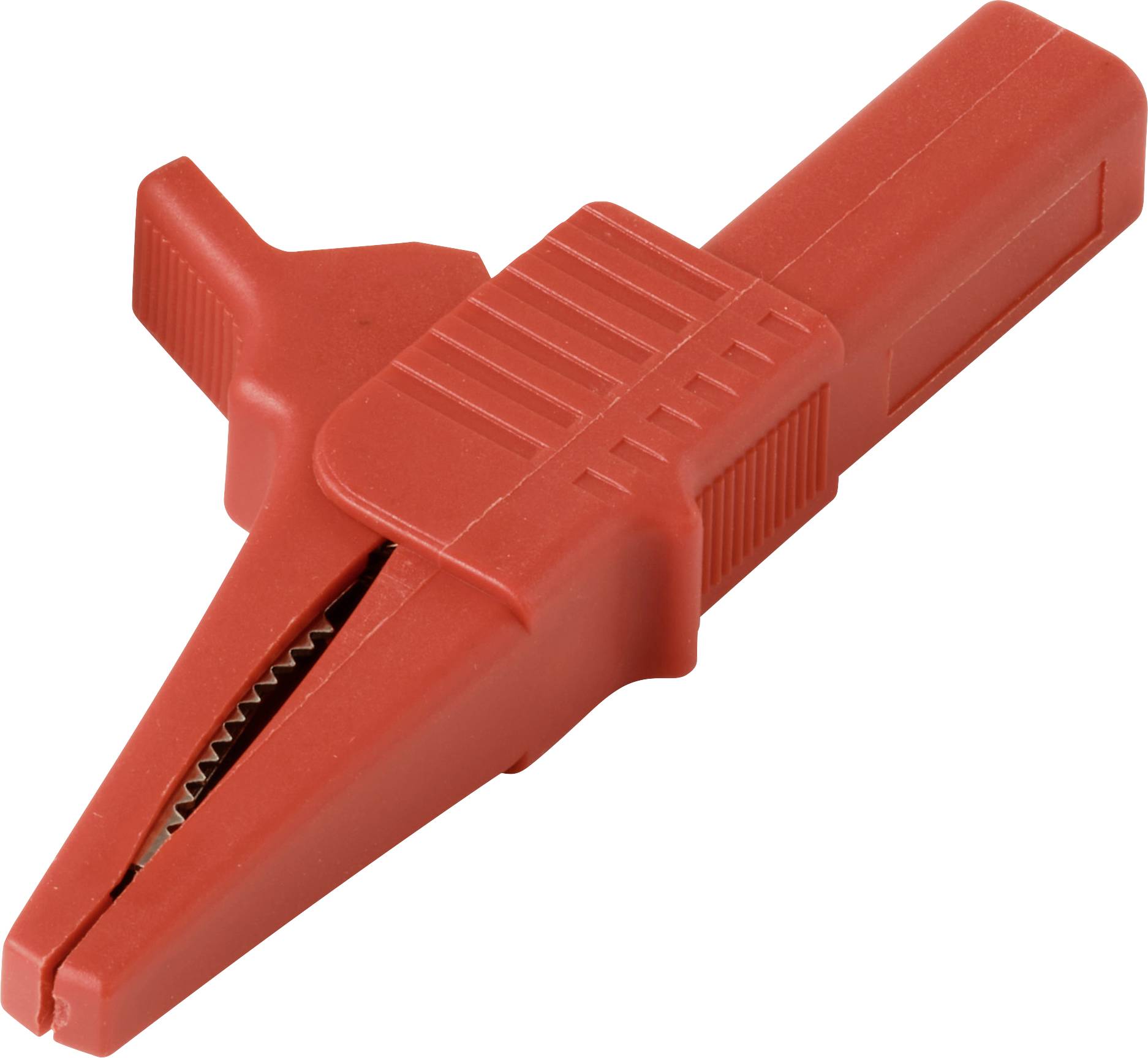 A red alligator clip with a serrated jaw and ribbed grip, used for electrical testing and connections.