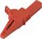 A red alligator clip with a serrated jaw and ribbed grip, used for electrical testing and connections.