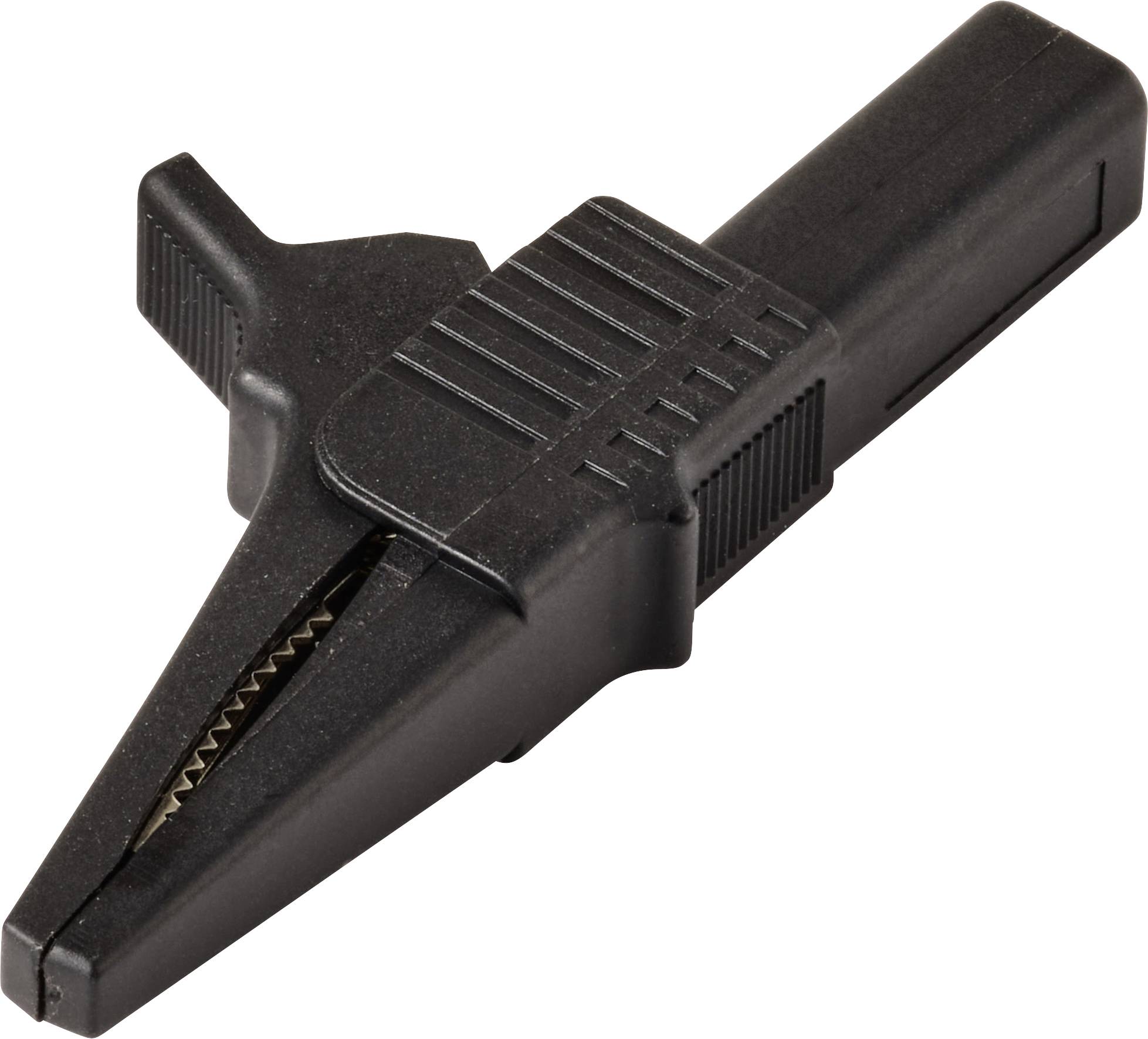 'A black alligator clip with serrated jaws and a plastic grip, used to temporarily connect electrical components.'