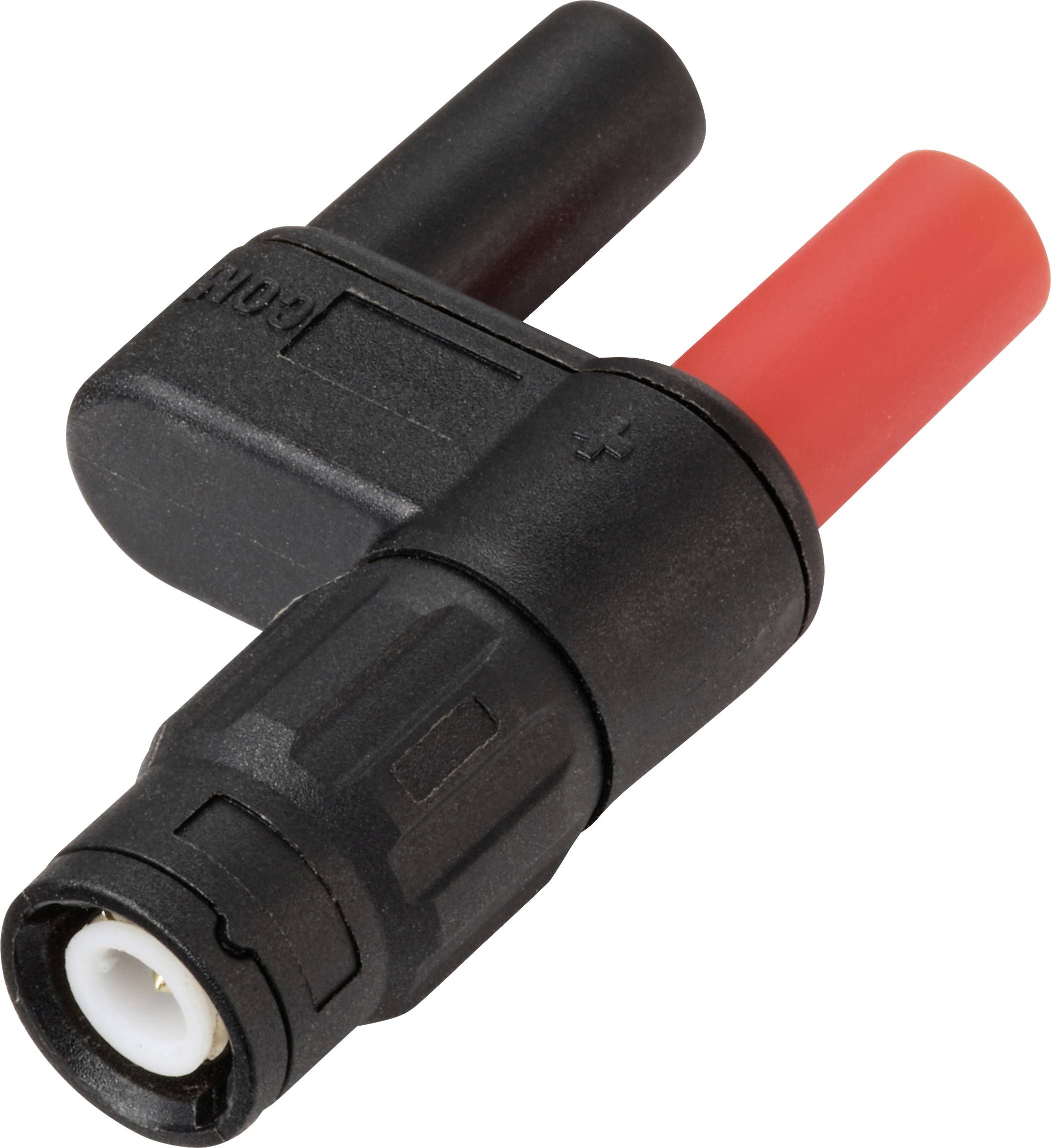 'A black and red insulated electrical connector, used for secure electrical connections, featuring a plastic casing and labeled '+' for positive.'