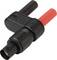 Black and red solar panel connector, used for linking solar cables securely, featuring '+' and '-' markings for correct polarity.