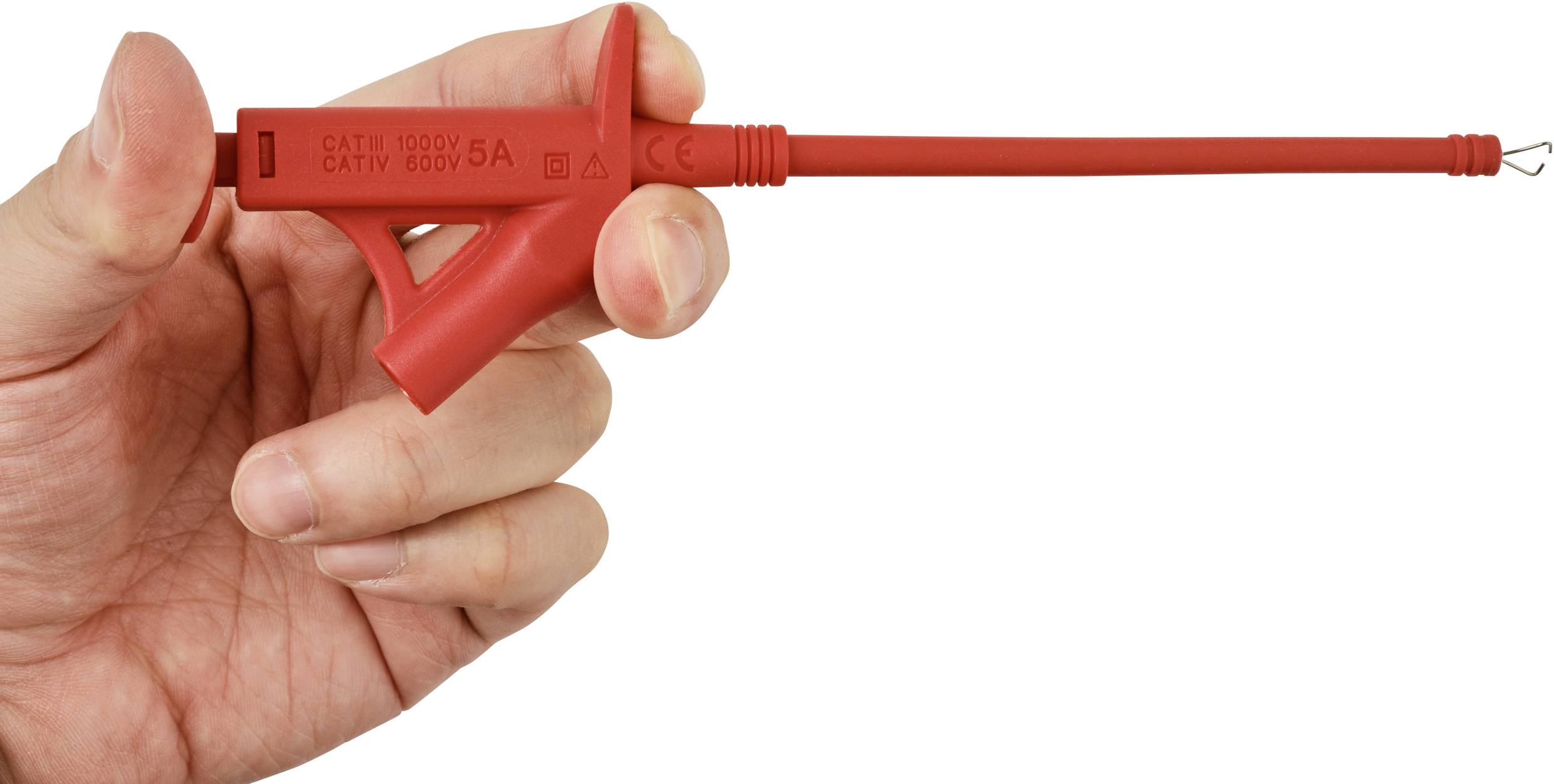 A hand holding a red test probe with visible voltage and current ratings: 'CAT II 1000V 5A'. The tip has a metal hook for connections.