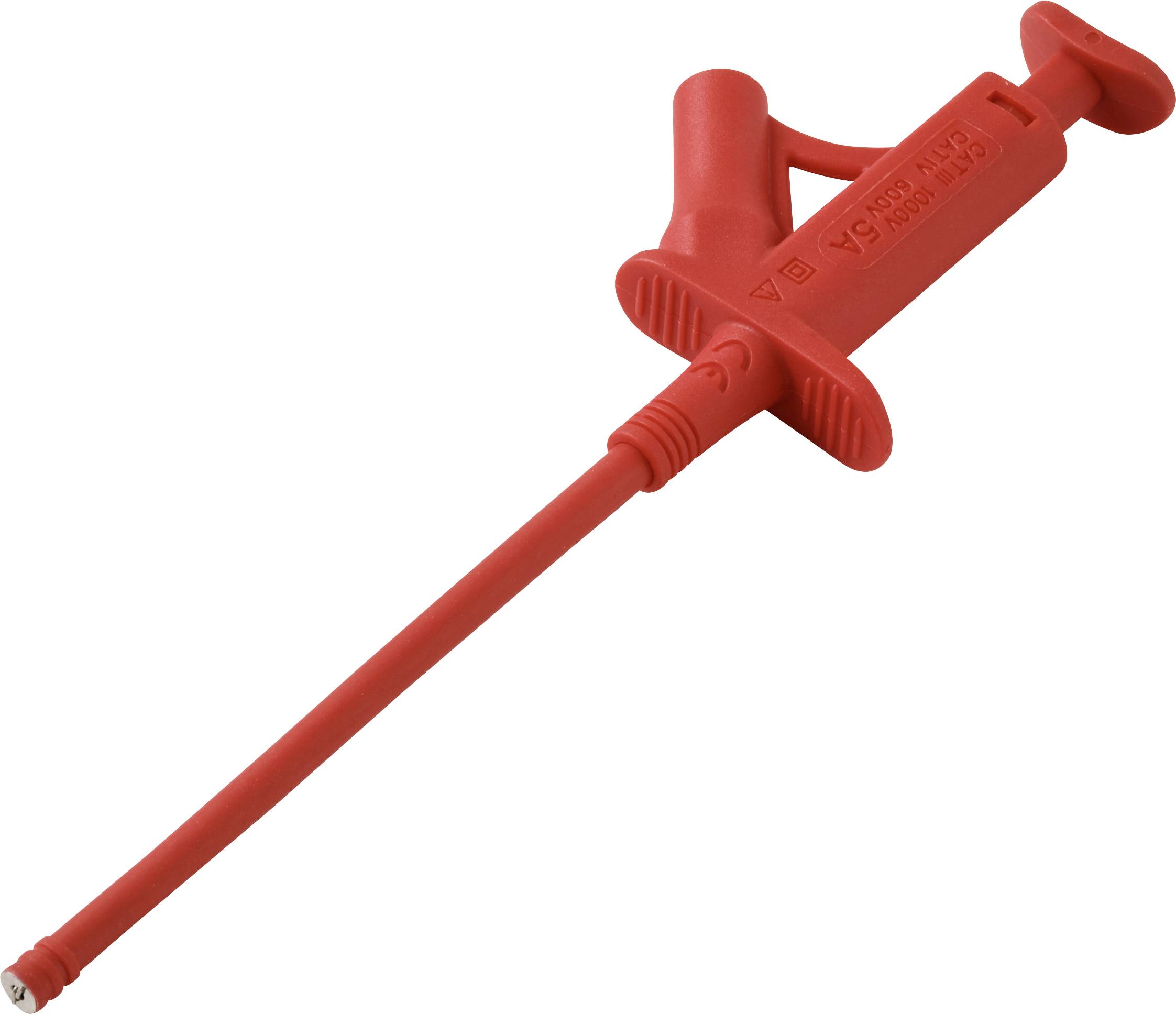 A red, insulated electrical test probe with a long handle and safety features for use in testing and measuring circuits.