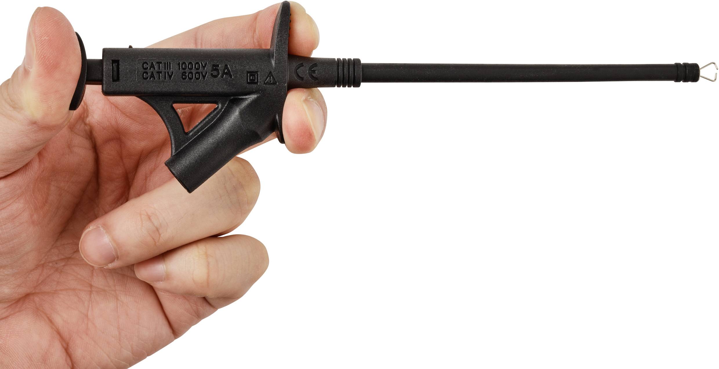 A hand holds a black electrical test probe rated for CAT III 1000V, 5A, suitable for measuring electrical currents safely.