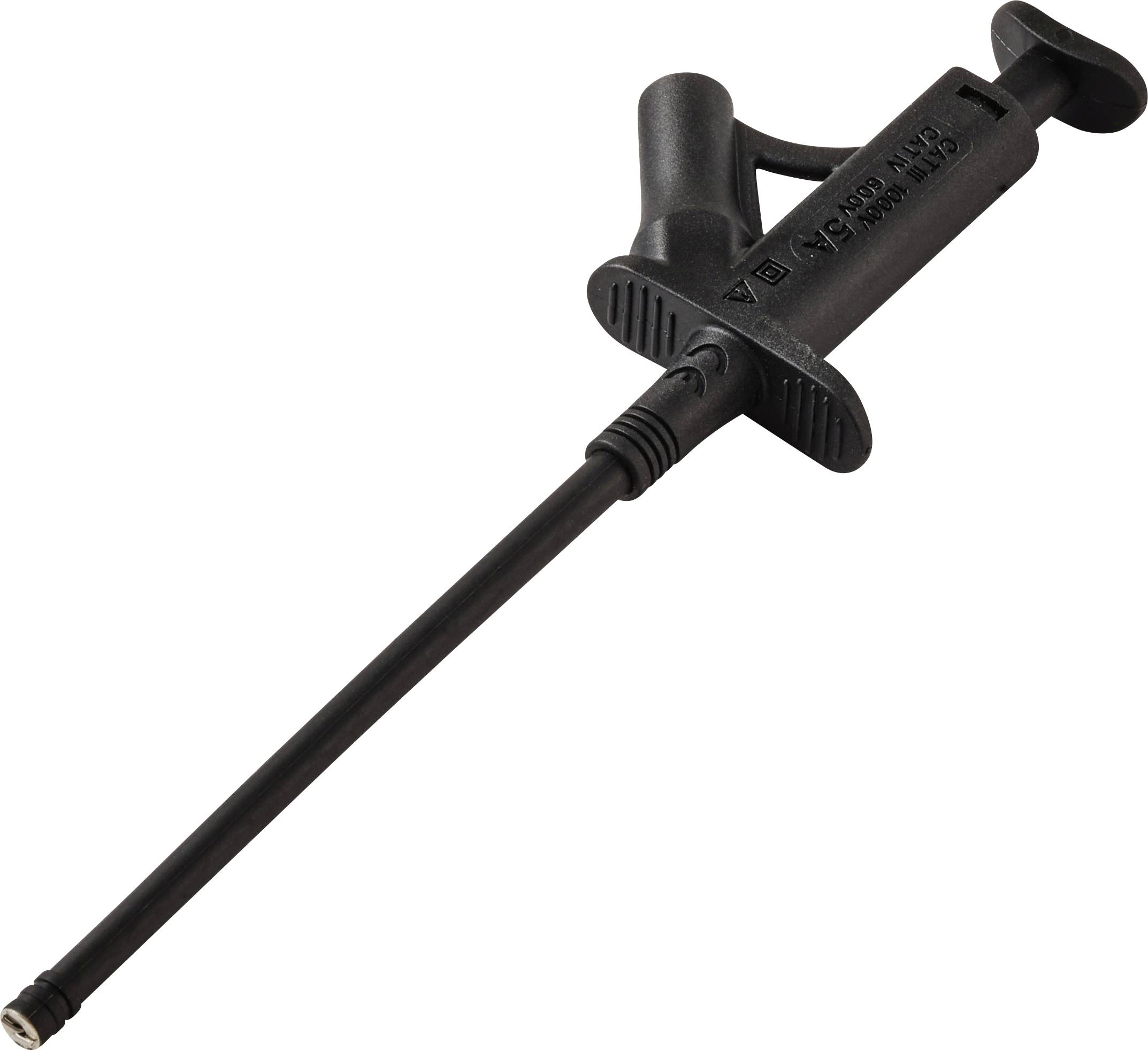 A long black medical syringe with a narrow nozzle and a plunger, typically used for administering or extracting fluids.