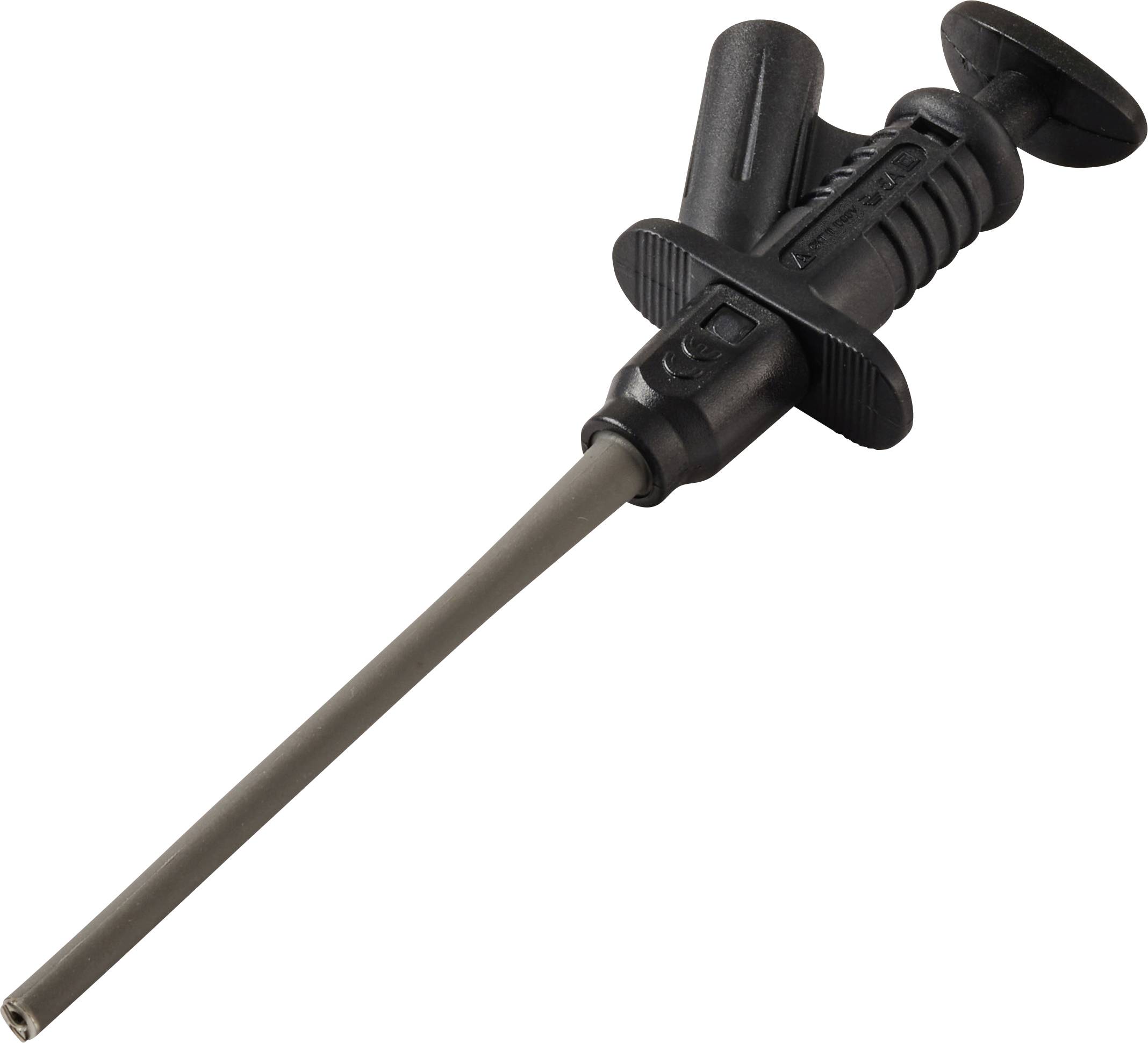 A black, handheld ear irrigation tool with a long, narrow nozzle and ribbed grip, designed for cleaning ear canals.
