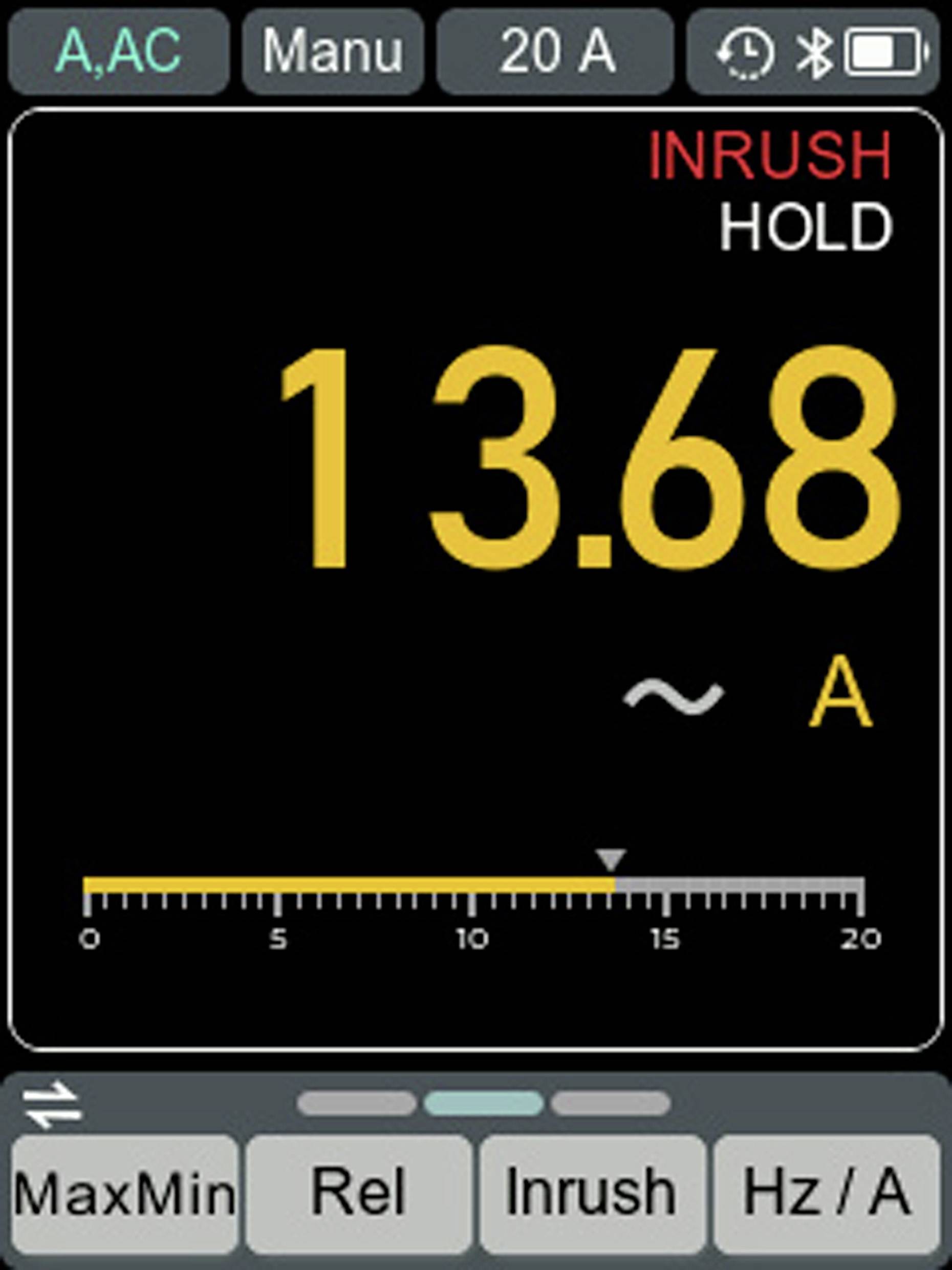'Digital multimeter display showing current reading of 13.68 A, inrush hold mode active, with settings for AC mode, 20 A range.'