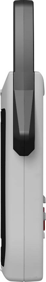 Side view of a gray handheld device with a black antenna, likely a walkie-talkie, showing minimal buttons and sleek design.