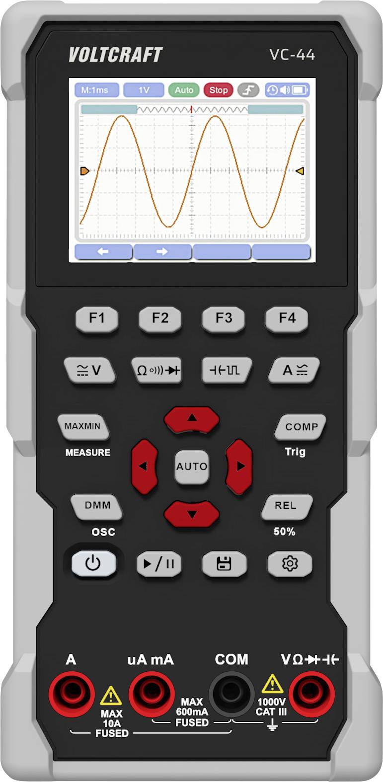 A digital multimeter displaying a sine wave graph on its screen, with several buttons for different measurement functions below the display.