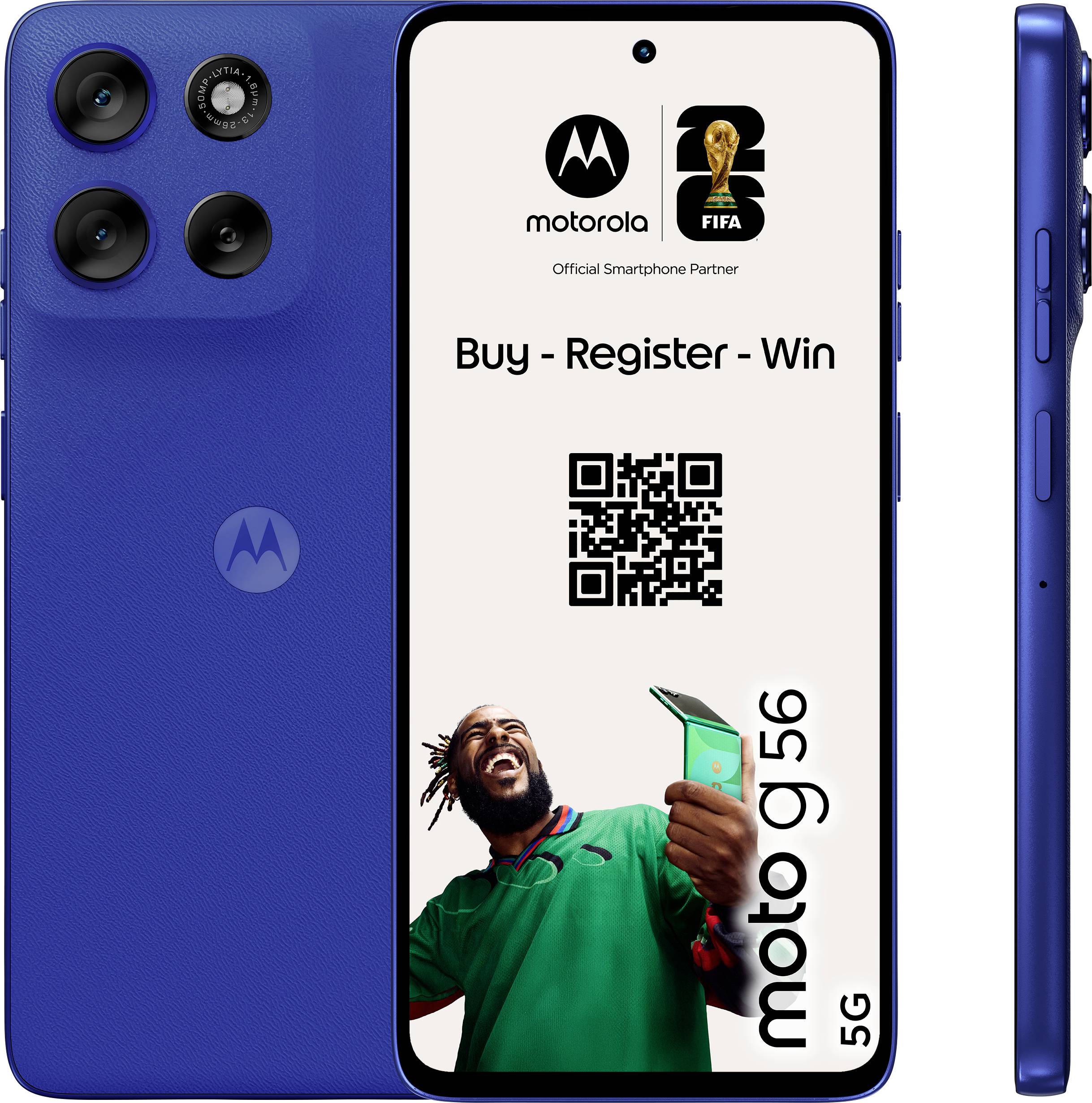 A blue smartphone displaying 'Buy - Register - Win' with a QR code and a jubilant person holding a phone on the screen.