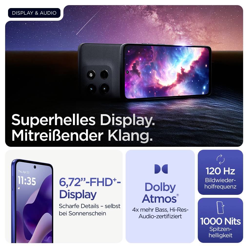 The image shows a smartphone with 'Super-bright display. Captivating sound.' It highlights FHD+ display, Dolby Atmos, 120 Hz and 1000 nits.