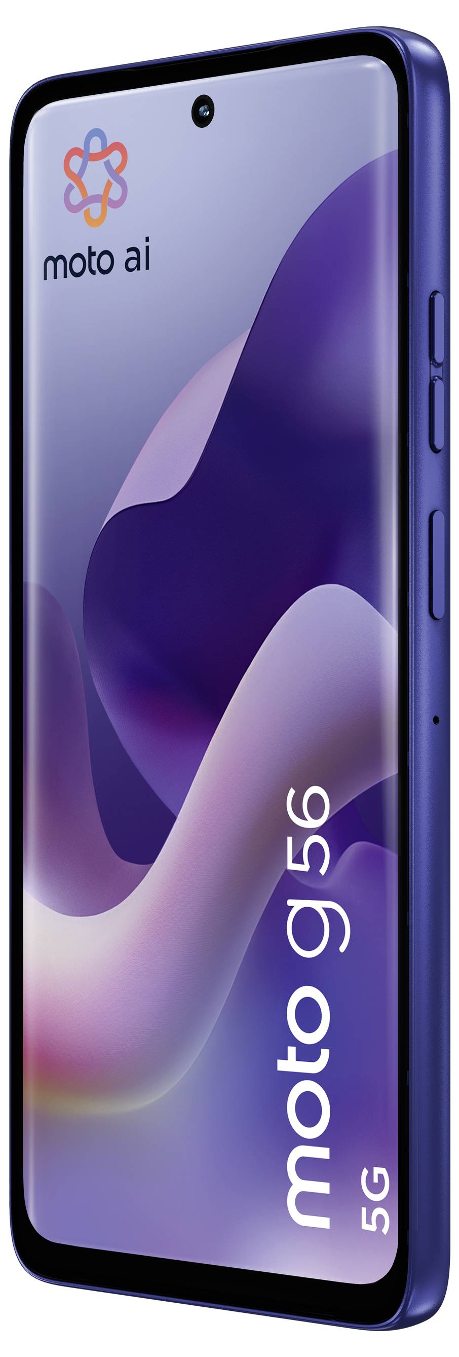 Smartphone displaying branding and model 'moto g56 5G' with a curved edge screen, blue case, and two side buttons.