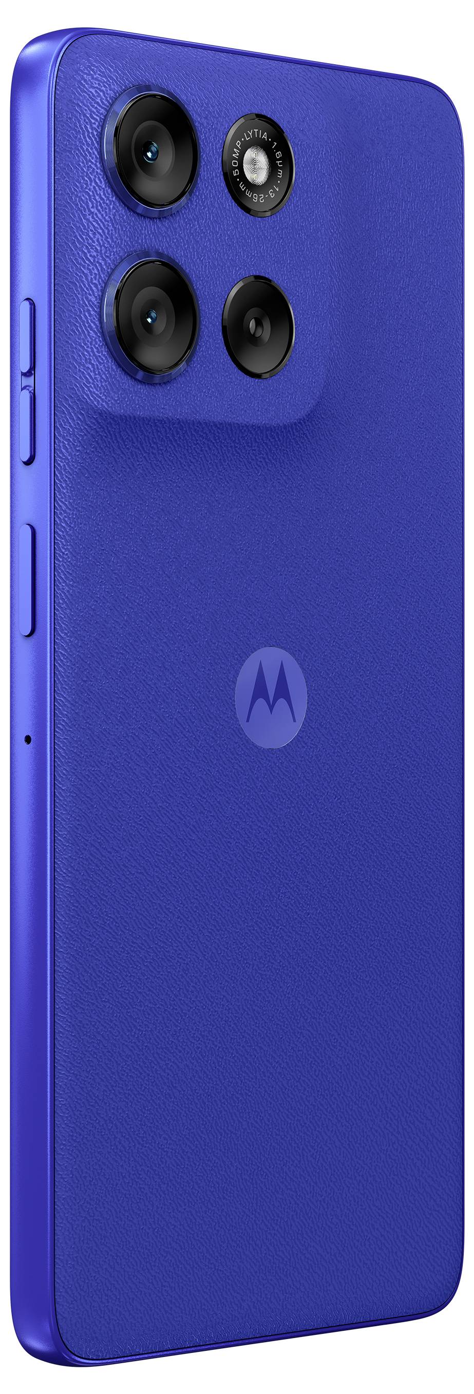 A blue smartphone with a textured back and three rear camera lenses on the top left corner. The Motorola logo is centered on the back.