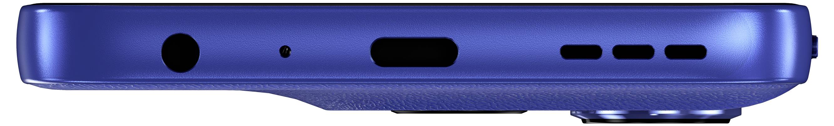 Bottom view of a blue smartphone showing speaker, USB-C port, microphone, and headphone jack.