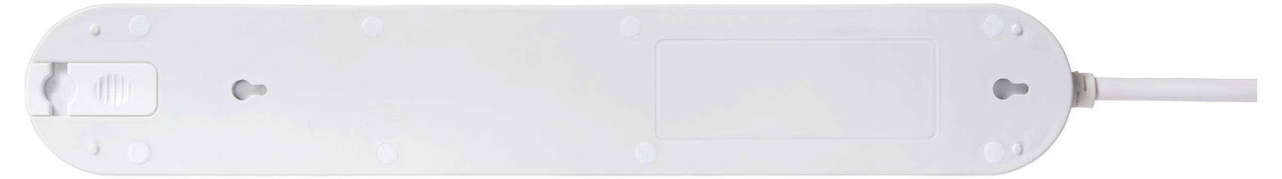 The image shows the underside of a white power strip with mounting holes for wall installation and a connected power cord.