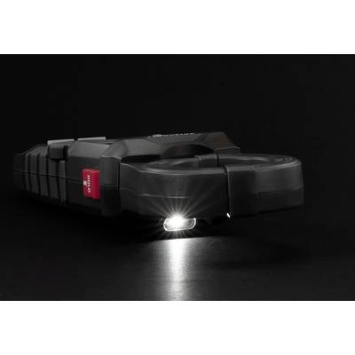 'A black U-lock with a built-in bright LED light on a dark background, highlighting its illuminated feature for improved security.'