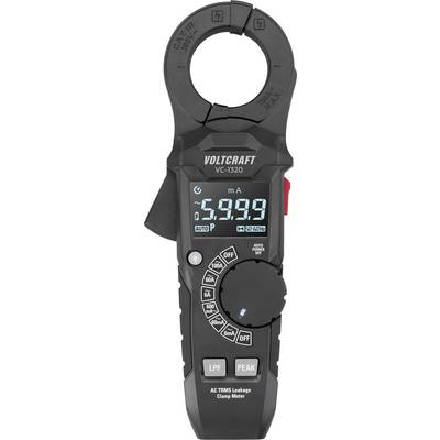 'Voltcraft VC-1320' digital clamp meter displaying a reading of 5.99 milliamps AC, featuring buttons for functions like LPF and PEAK.